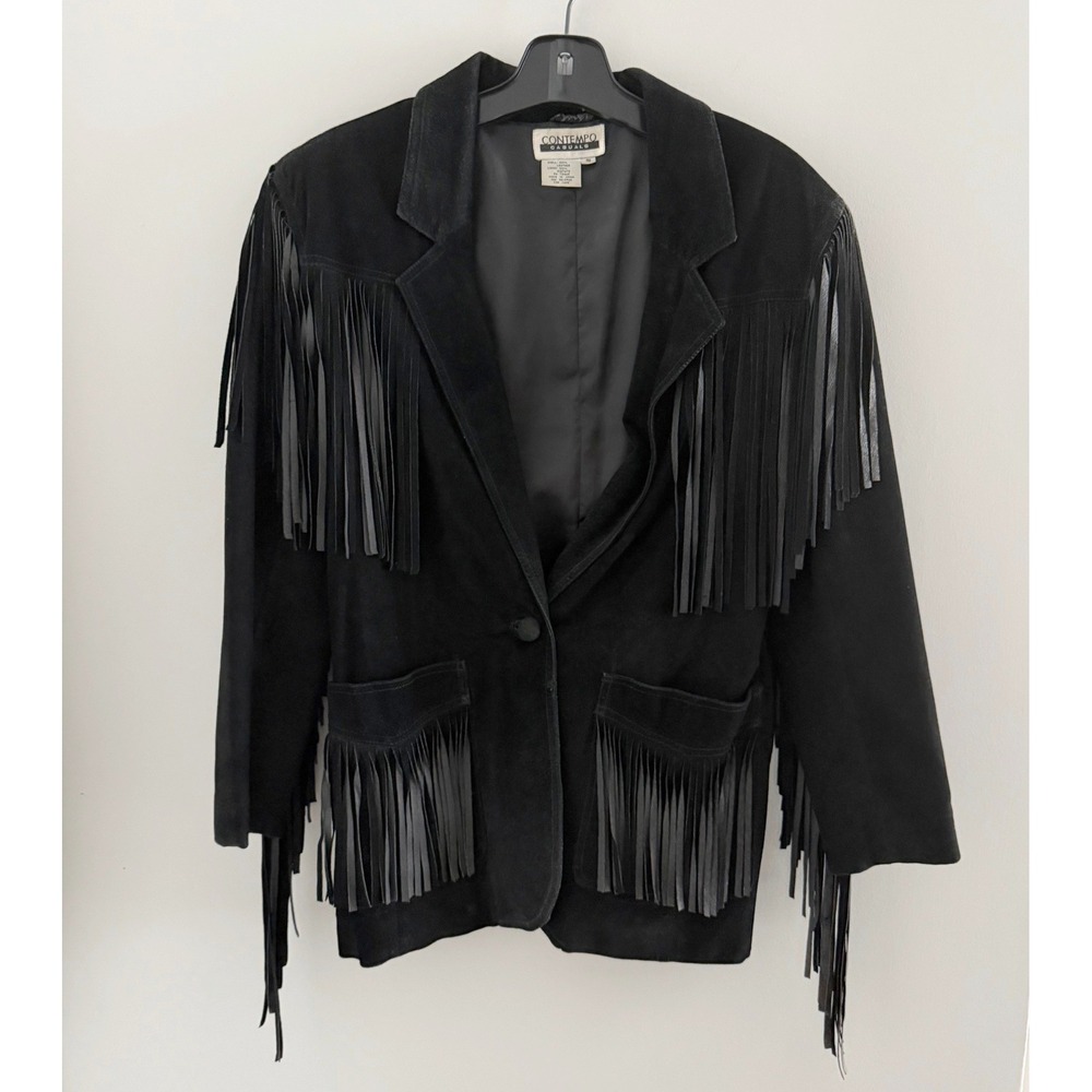Vintage Contempo Casuals Black Suede Leather Fringe Western Blazer Jacket Small